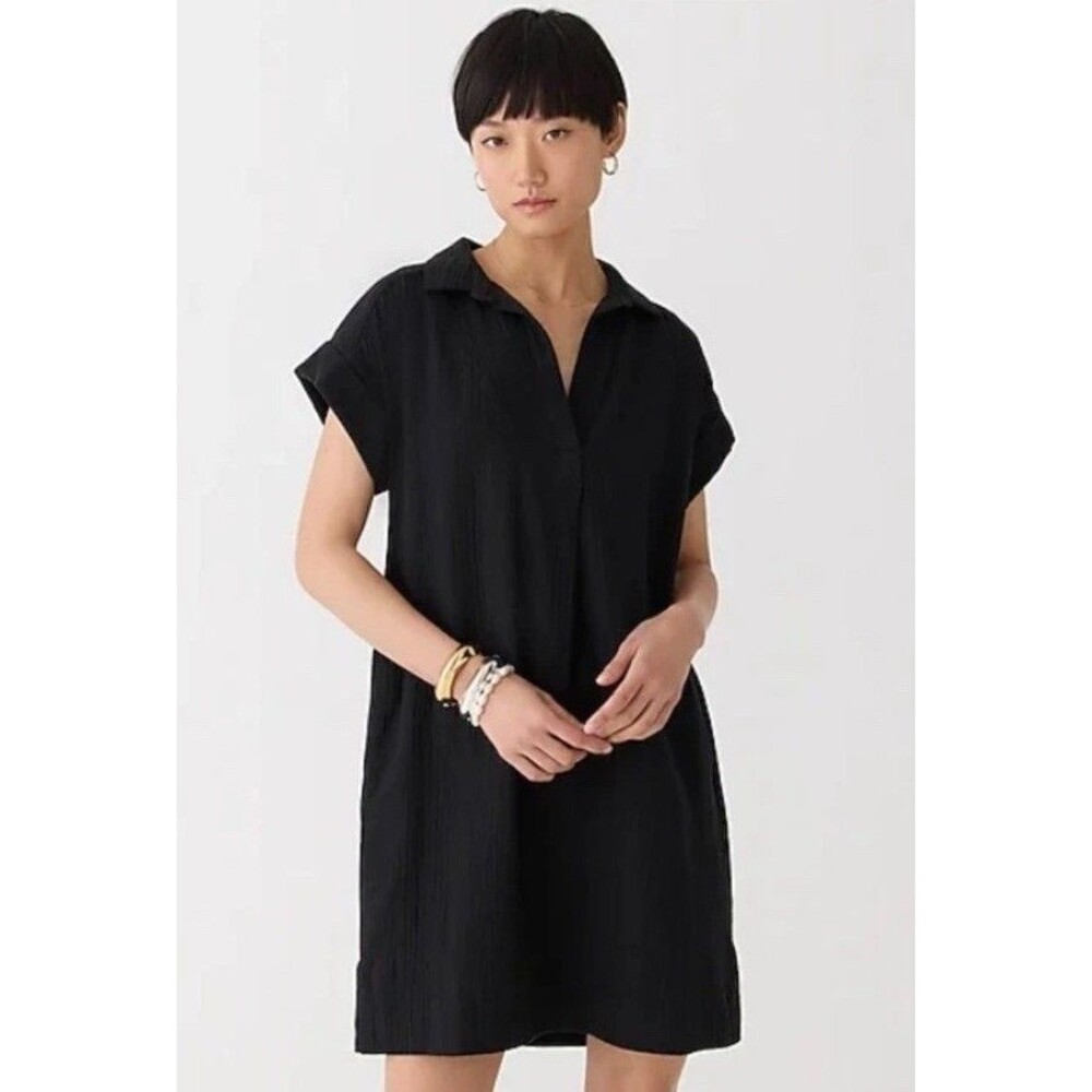 J.Crew Women’s 2X V-Neck Shirt Dress Soft Gauze Black Cotton Short Sleeves NWT